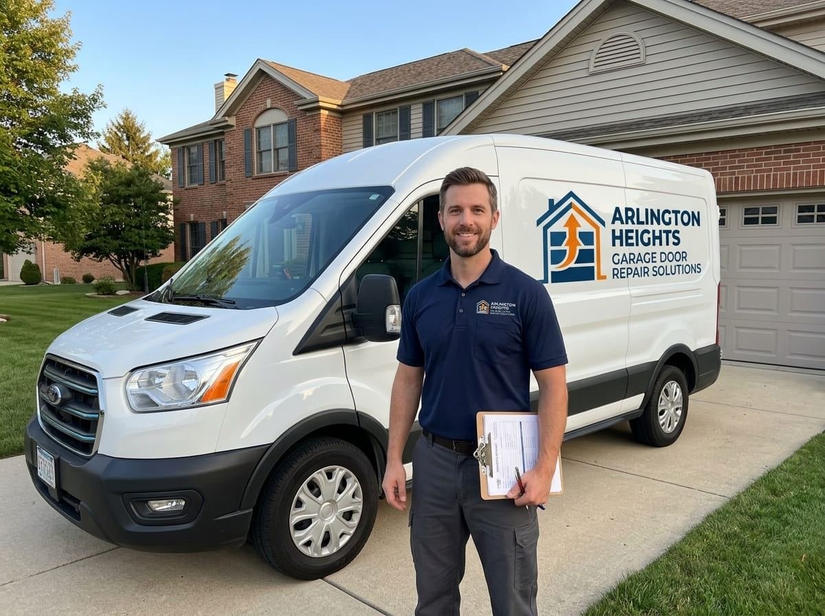 Technician from Arlington Heights Garage Door Repair Solutions taking a customer call beside the sign-written service van in Arlington Heights