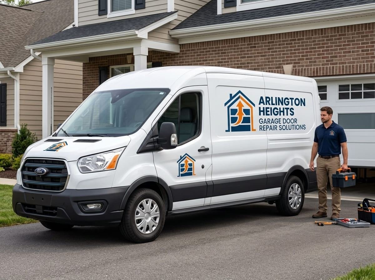 Technician working on a garage door after dark on an emergency call-out at a home in Arlington Heights, Illinois, with the service van