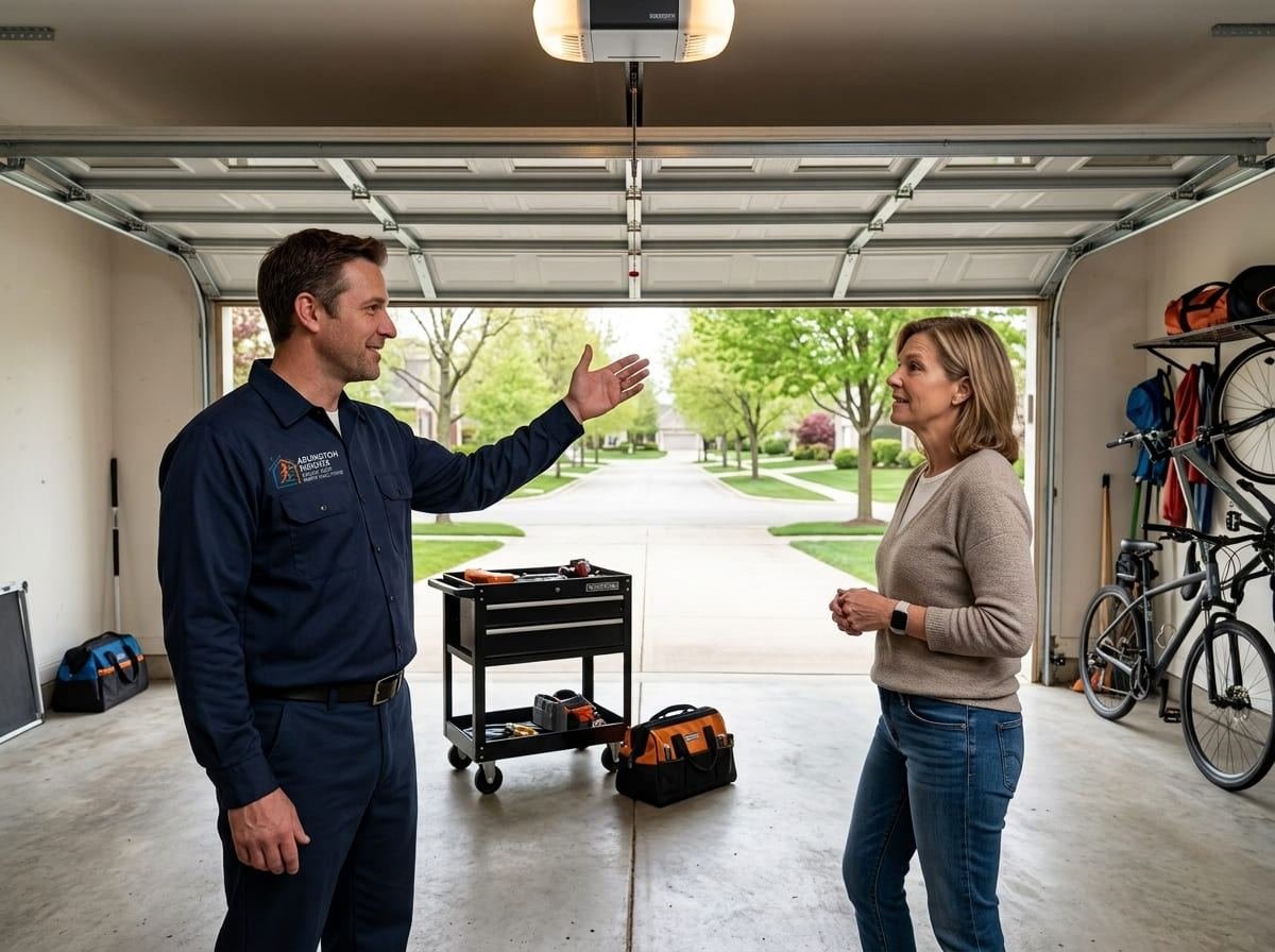 Technician setting new galvanized track for a replacement garage door installation in Arlington Heights, Illinois
