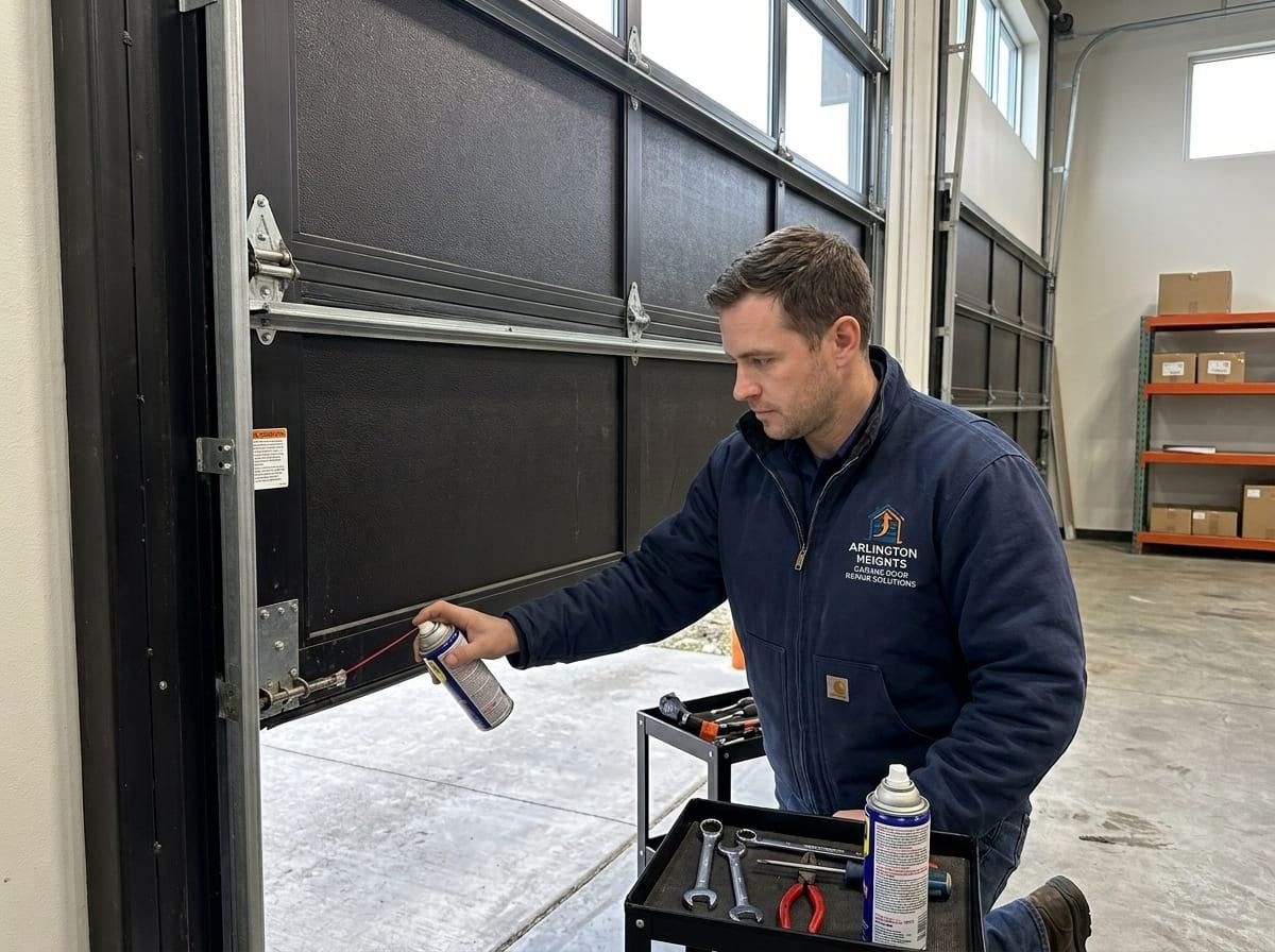 Technician checking a bowed insulated garage door section against the stop molding in Arlington Heights, Illinois