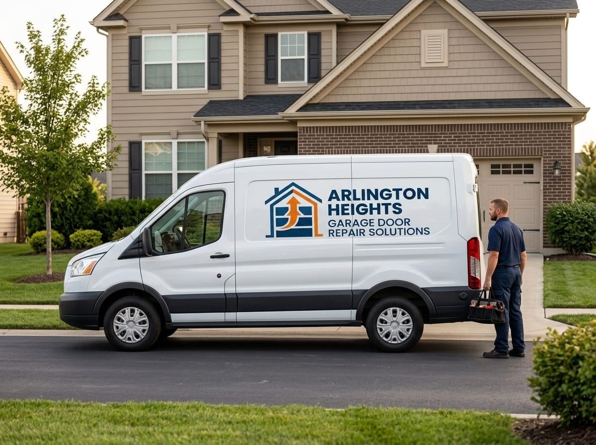 Garage door technician working on an open sectional door outside a brick home on a tree-lined Arlington Heights, Illinois street