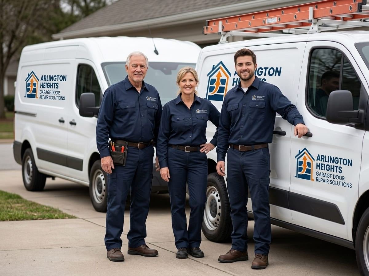 Garage door repair technician at a detached coach house garage on a historic street in Barrington, Illinois