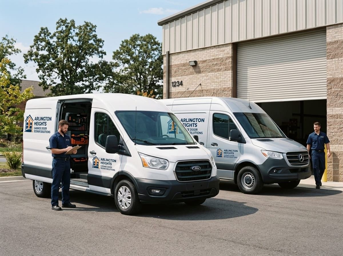 Two Arlington Heights Garage Door Repair Solutions vans parked outside a commercial workshop with a rolling steel door