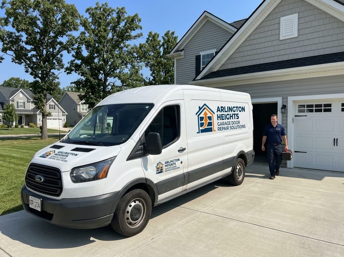 Garage door repair technician at an open garage on a newer residential street in Glenview, Illinois