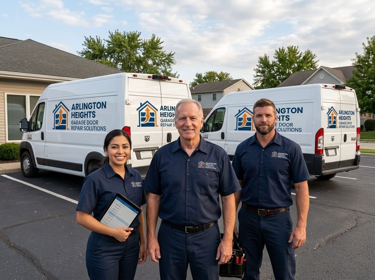 Garage door repair technician at an open two-car garage on a mid-century street in Hoffman Estates, Illinois