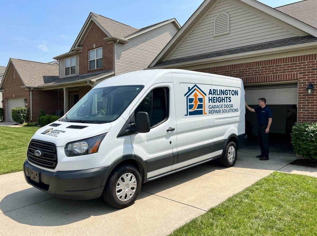 Garage door technician servicing an older sectional door at a mid-century brick ranch in Mount Prospect, Illinois