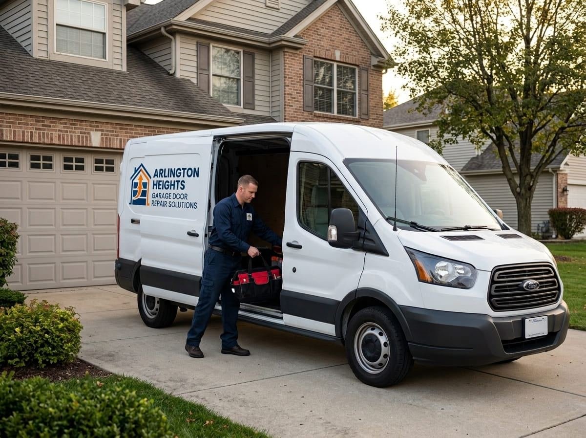 Garage door repair technician working at an open two-car garage on a wooded residential street in Palatine, Illinois