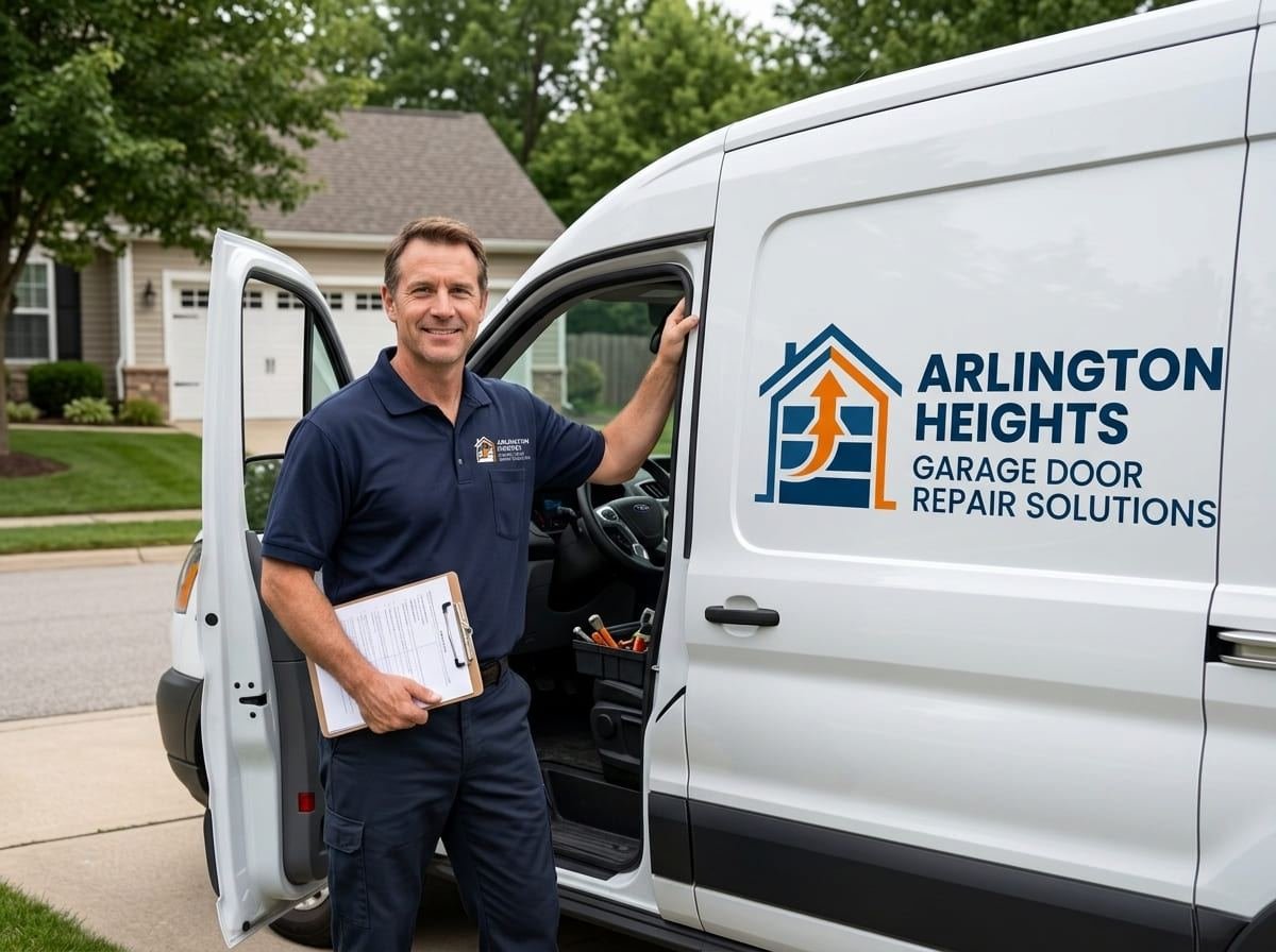 Technician selecting replacement springs and cables from the open rear of a garage door service van in Arlington Heights