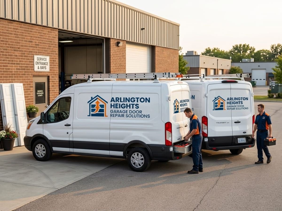 Two sign-written Arlington Heights Garage Door Repair Solutions vans parked outside the company workshop with its rolling steel door open