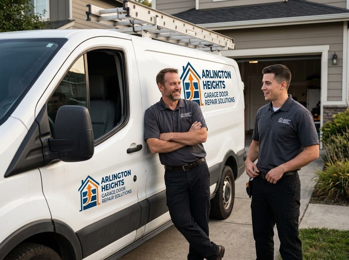 Technician from Arlington Heights Garage Door Repair Solutions working on a sectional garage door with tools laid out on the driveway