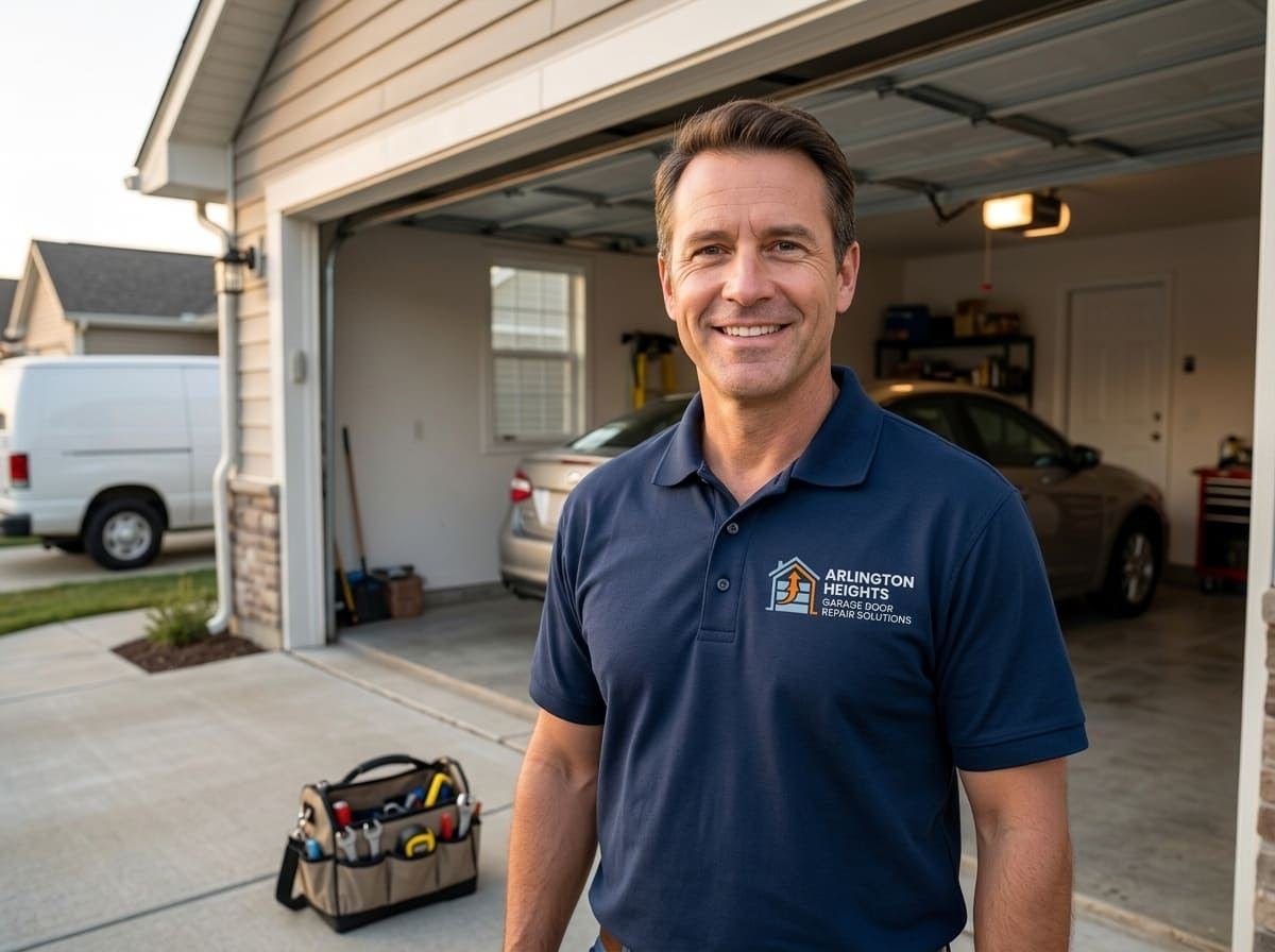 Arlington Heights Garage Door Repair Solutions technician checking hinge and roller fit on an open sectional garage door
