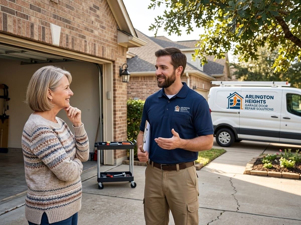 Technician in a navy company jacket fitting decorative strap hinges to a carriage-house style garage door in Barrington, Illinois