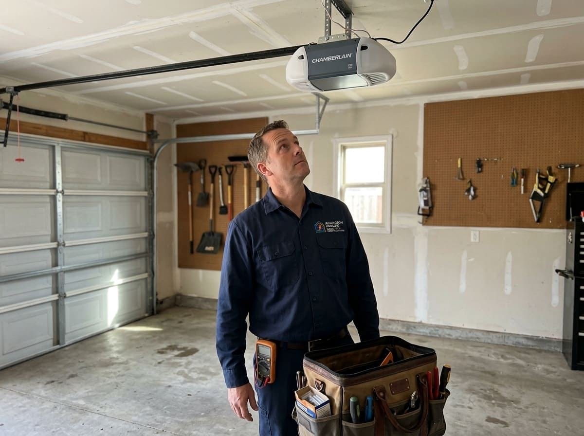 Technician in a navy company jacket adjusting a ceiling-mounted garage door opener in a Palatine, Illinois garage
