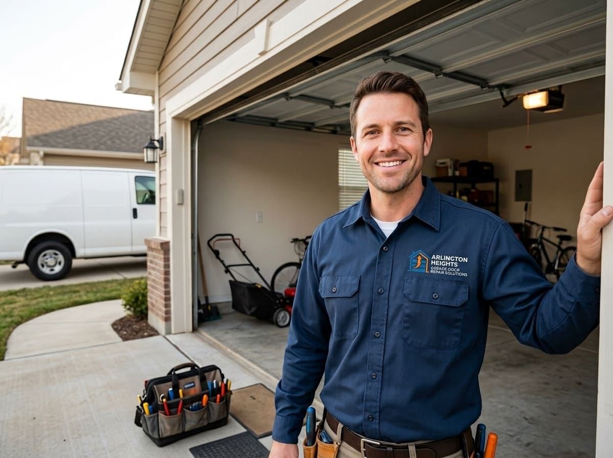 Technician checking the safety reversal and photo eyes on a garage door opener at a Prospect Heights, Illinois home