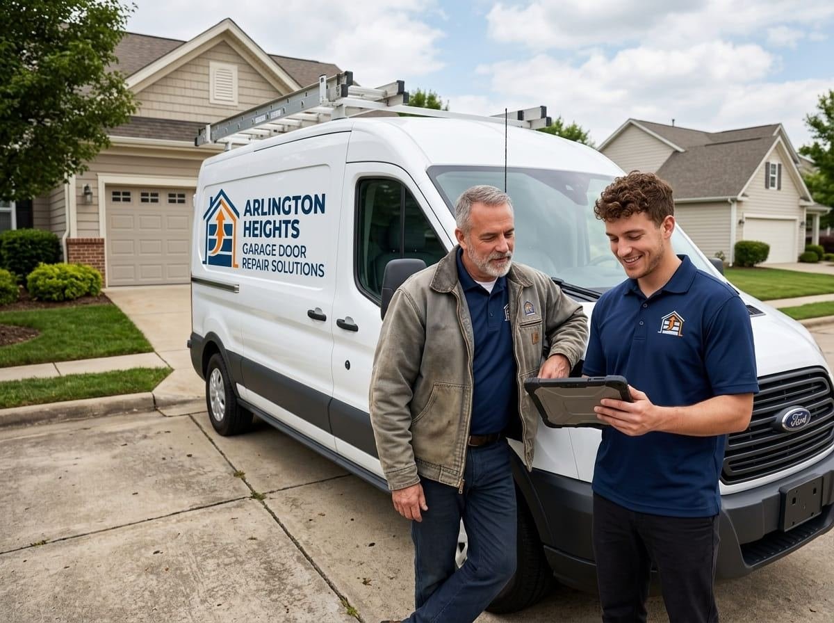 Two technicians measuring a garage opening and preparing a replacement quote for a homeowner in Arlington Heights, Illinois