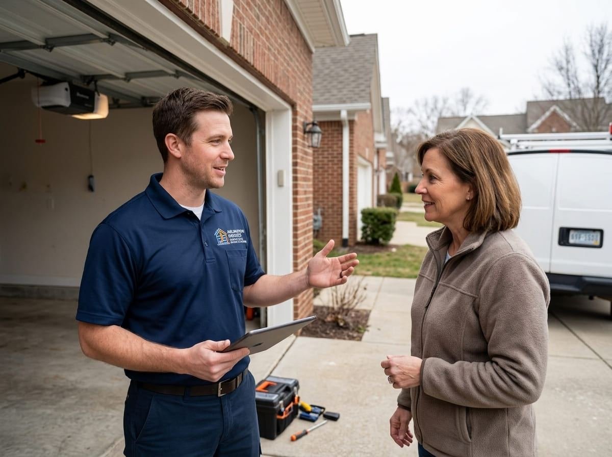 Technician listening to and inspecting the rollers and hinges of a noisy garage door in an Arlington Heights, Illinois garage